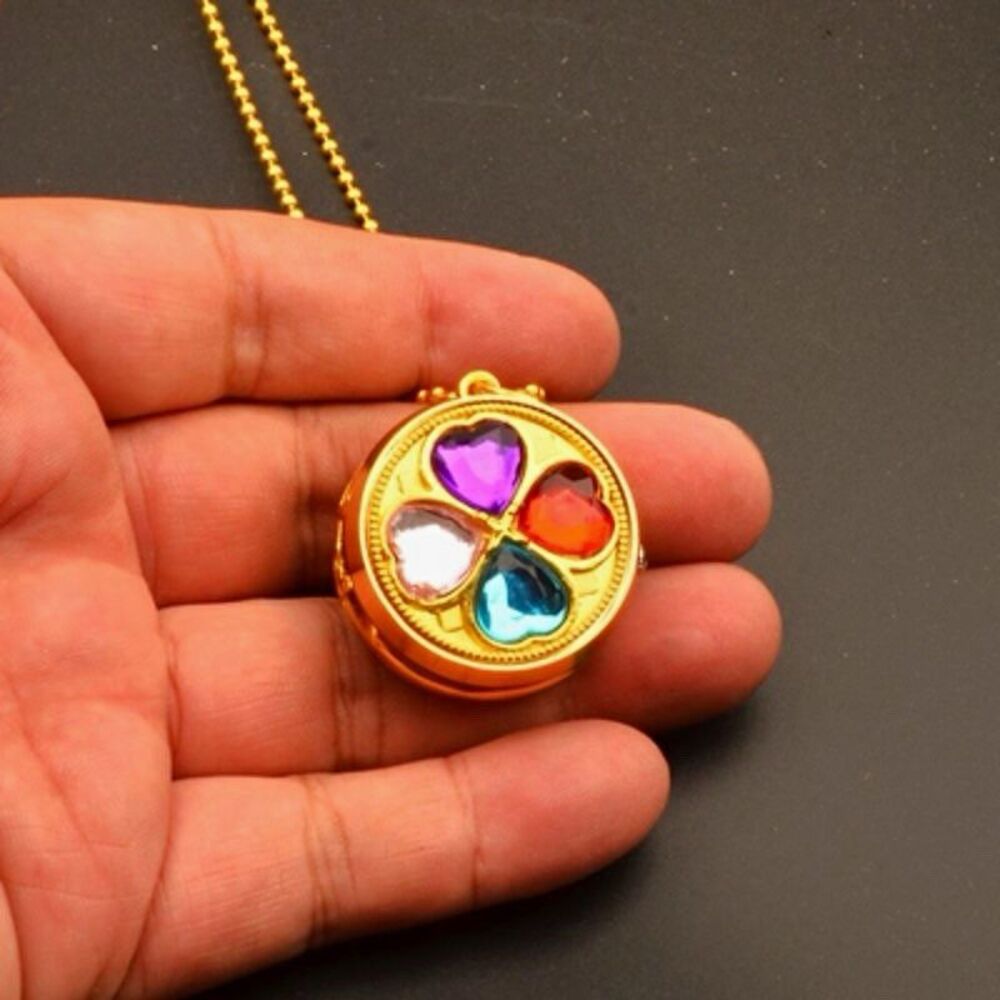 Gold Tone Heart Rhinestone Locket Quartz Pocket Watch Necklace White Dial